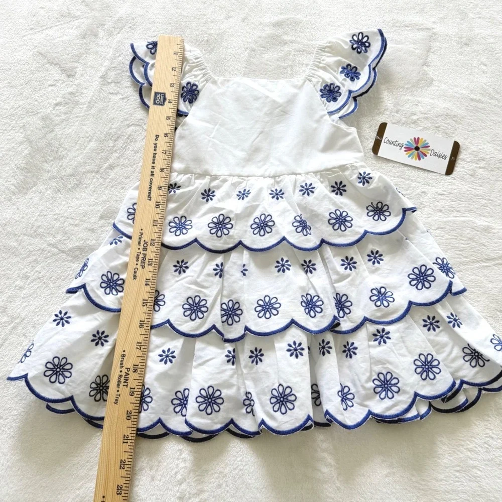 Counting Daisies Toddler 3T White Blue Floral Embroidered Tiered Dress NEW